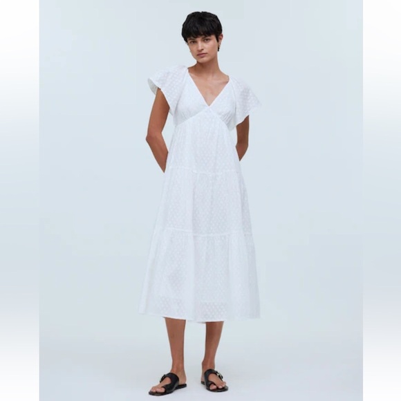 Madewell Tie Back Flutter Sleeve Tiered Midi Dress White Cottagecore 00 NEW - Picture 1 of 12
